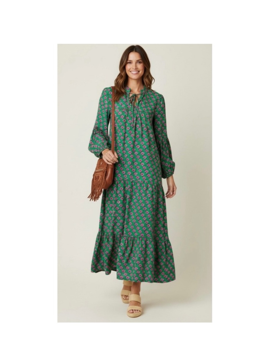 Green Floral Tie-Neck Maxi Dress
